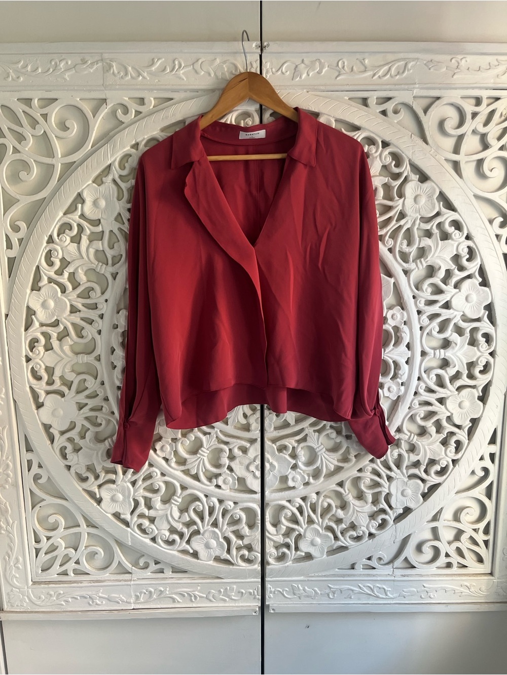 Babaton Aritzia Pink Wrap Front Long Sleeve Blouse Top Size Large - Picture 1 of 10